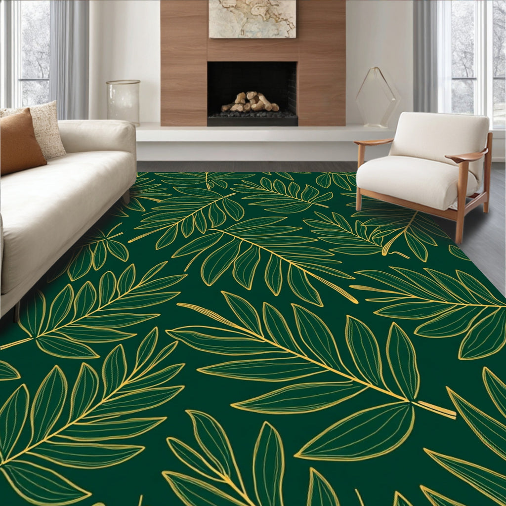 Green Gold Tropical Leaf Pattern Rug