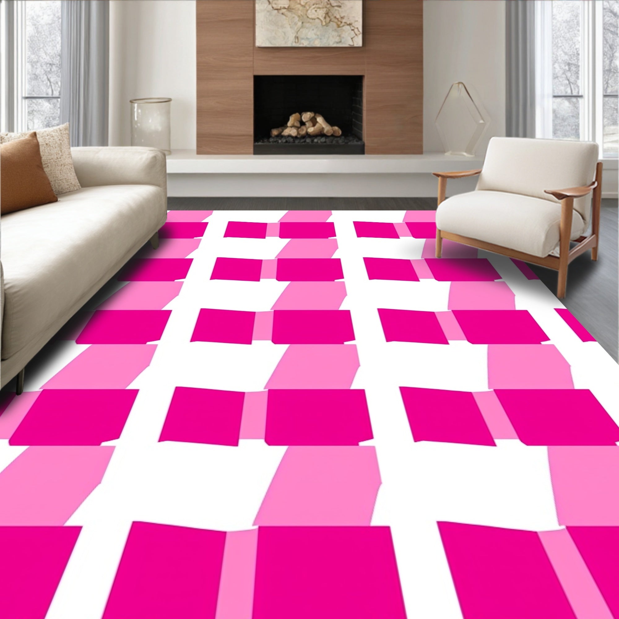 Pink Squared Geometric Pattern Rug