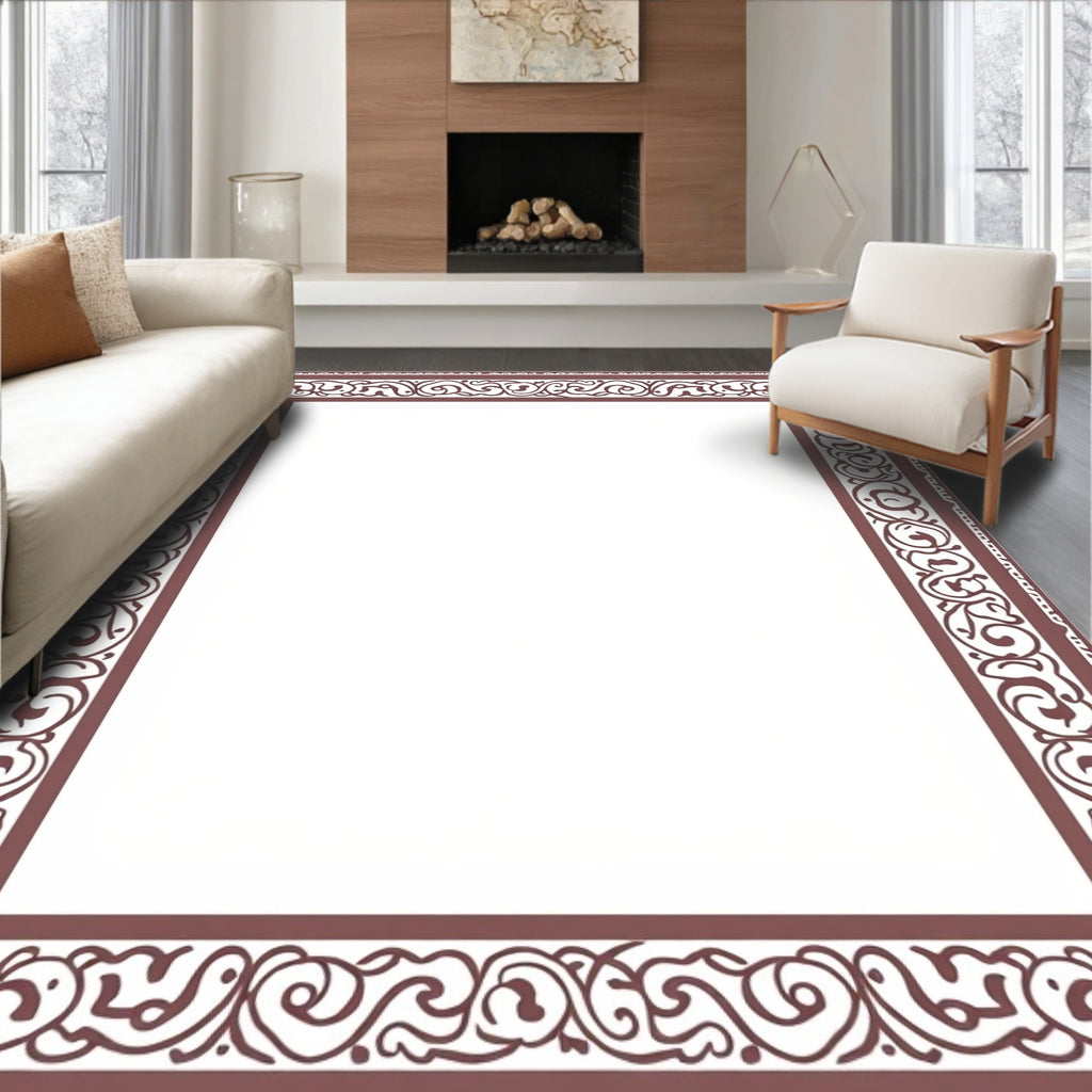 Ornate Burgundy Scroll Border Design Rug