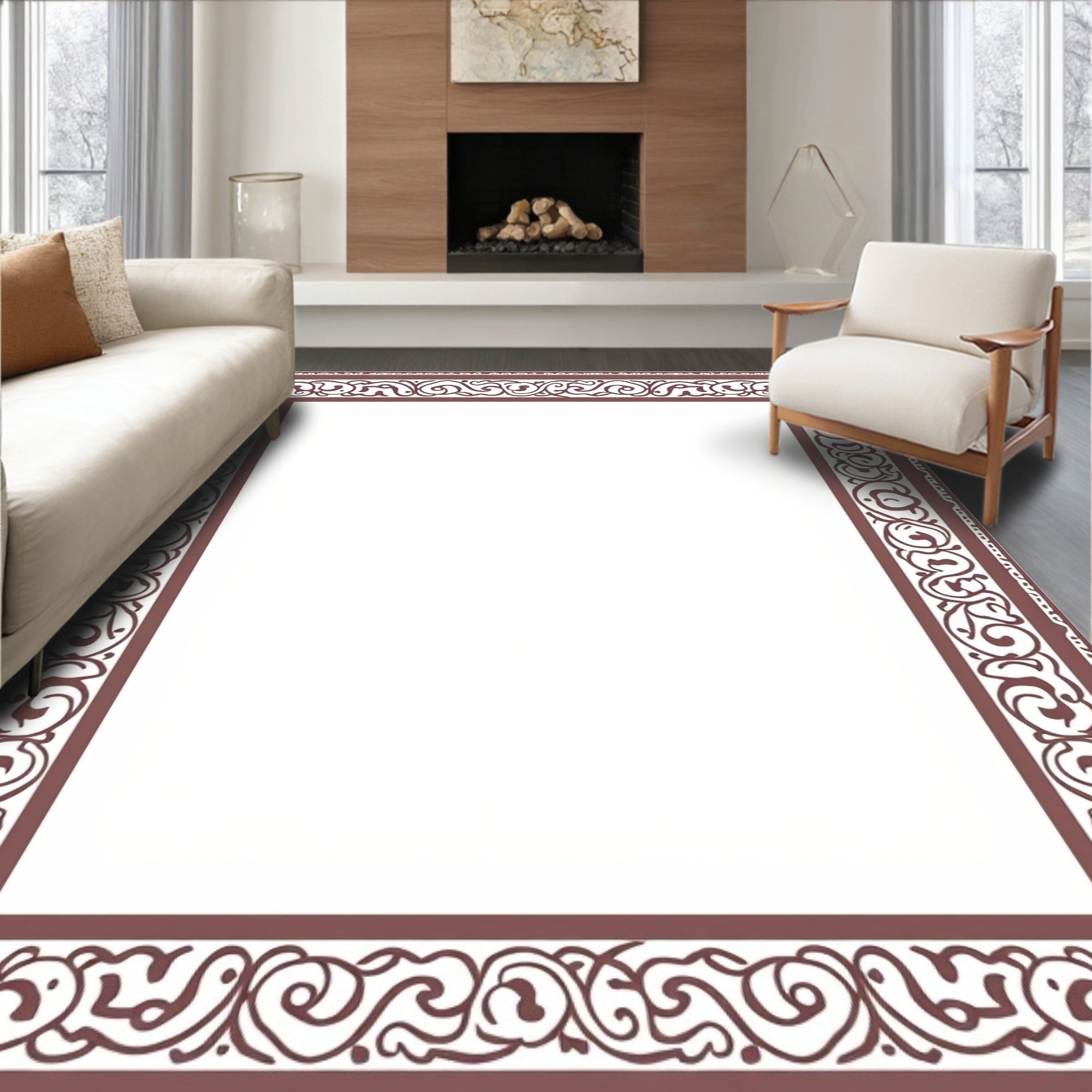 Ornate Burgundy Scroll Border Design Rug