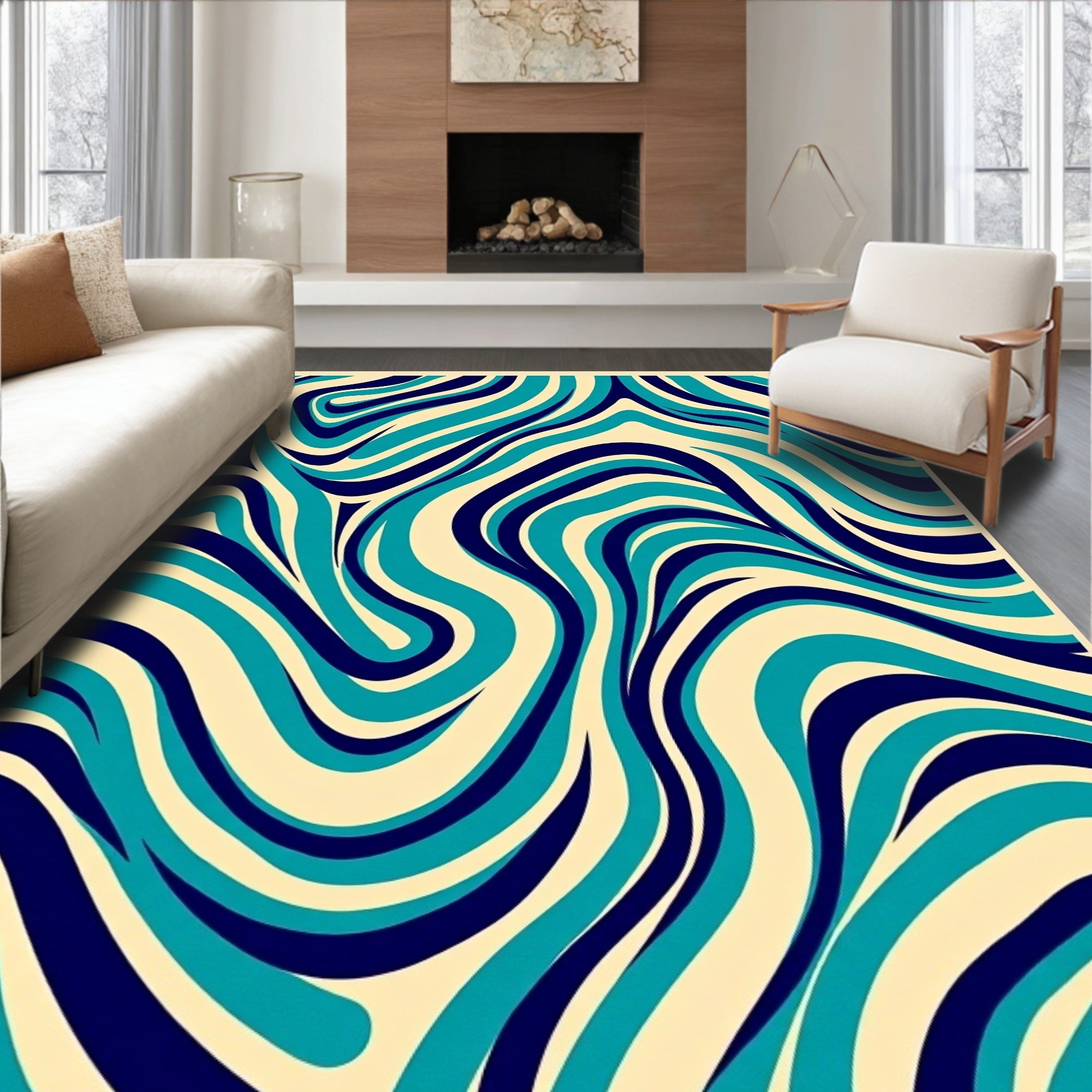 Swirling Aqua Navy Abstract Design Rug