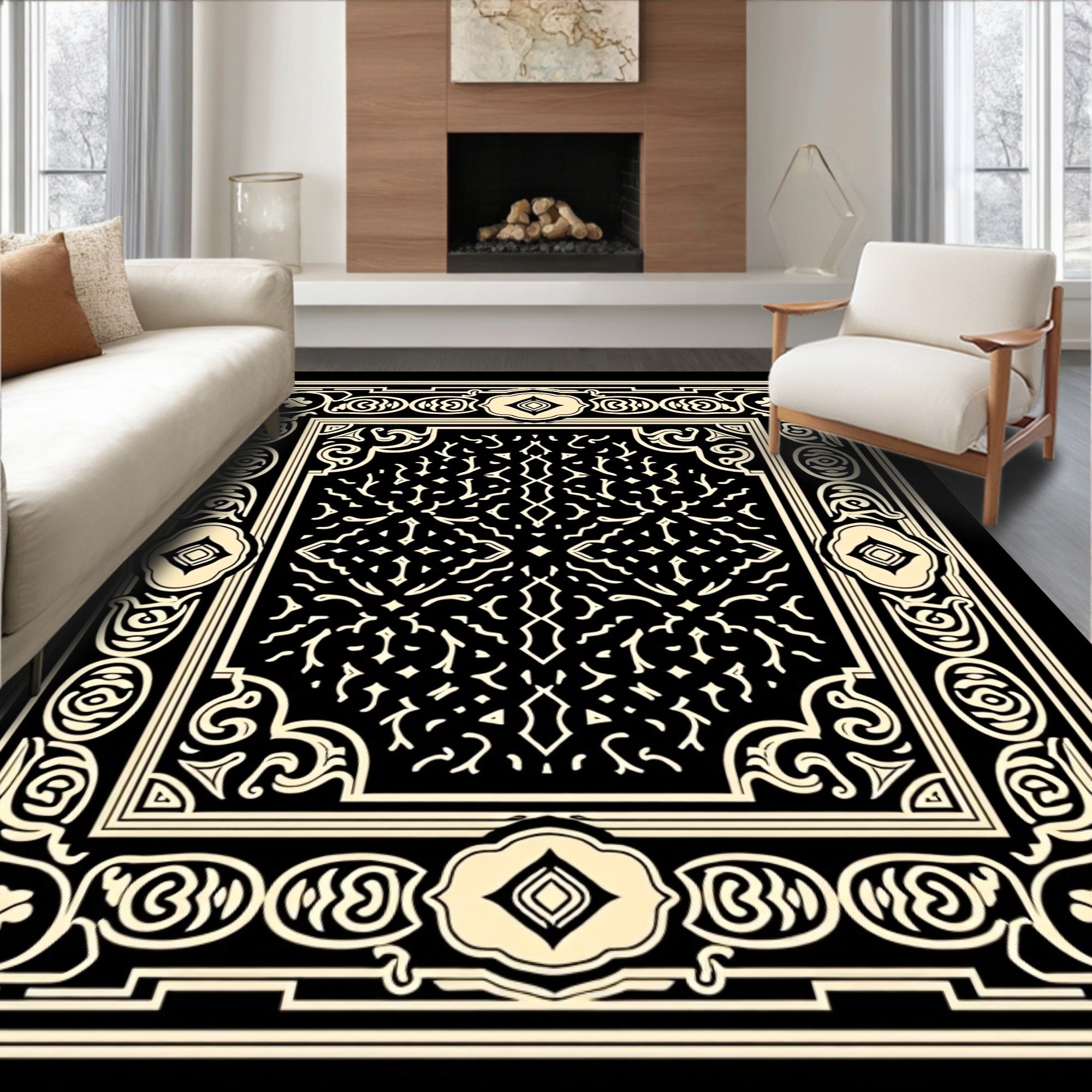 Ornate Black Cream Classic Design Rug