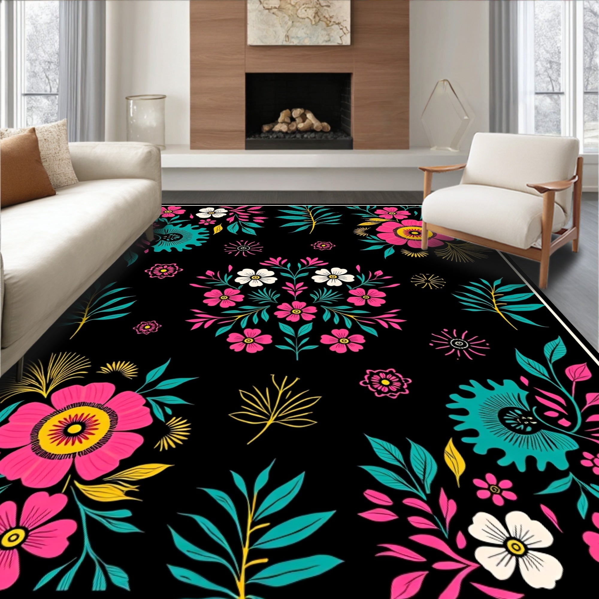 Vibrant Floral And Leaf Pattern Rug