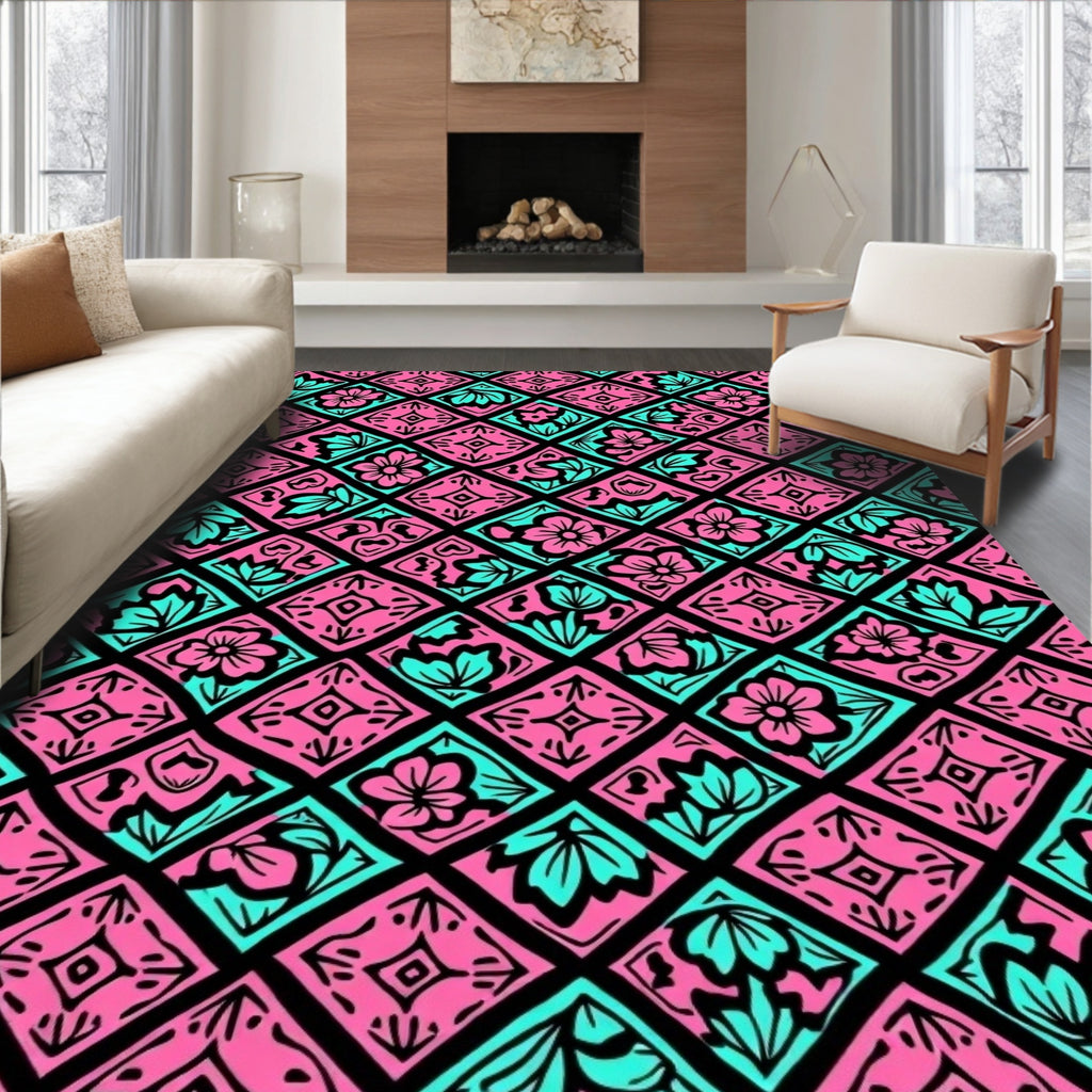 Pink Teal Floral Diamond Pattern Rug