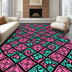 Pink Teal Floral Diamond Pattern Rug