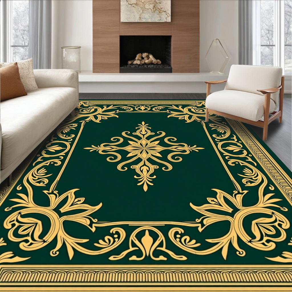 Gold Floral Scrollwork Emerald Rug