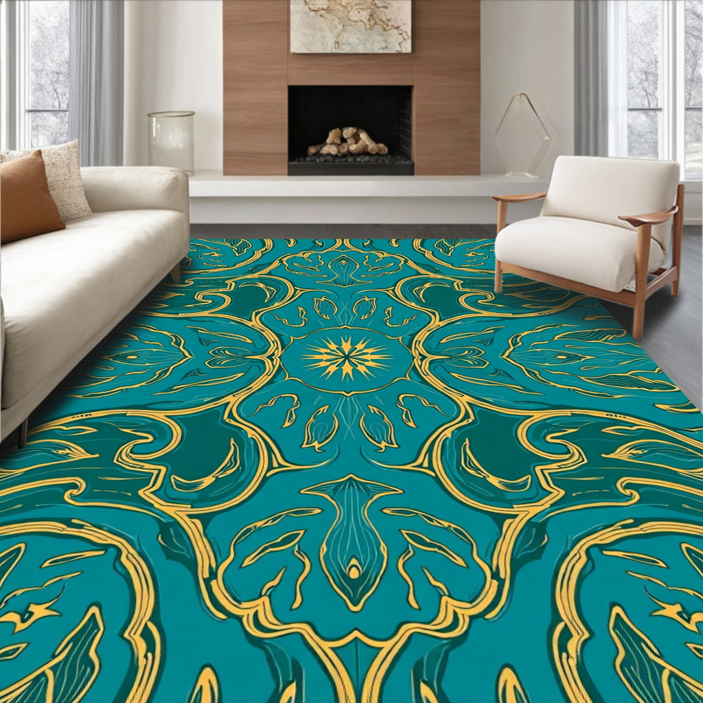 Teal Gold Ornate Art Nouveau Design Rug