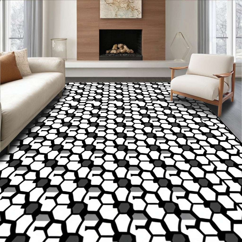 Monochrome Geometric Hexagon Art Rug