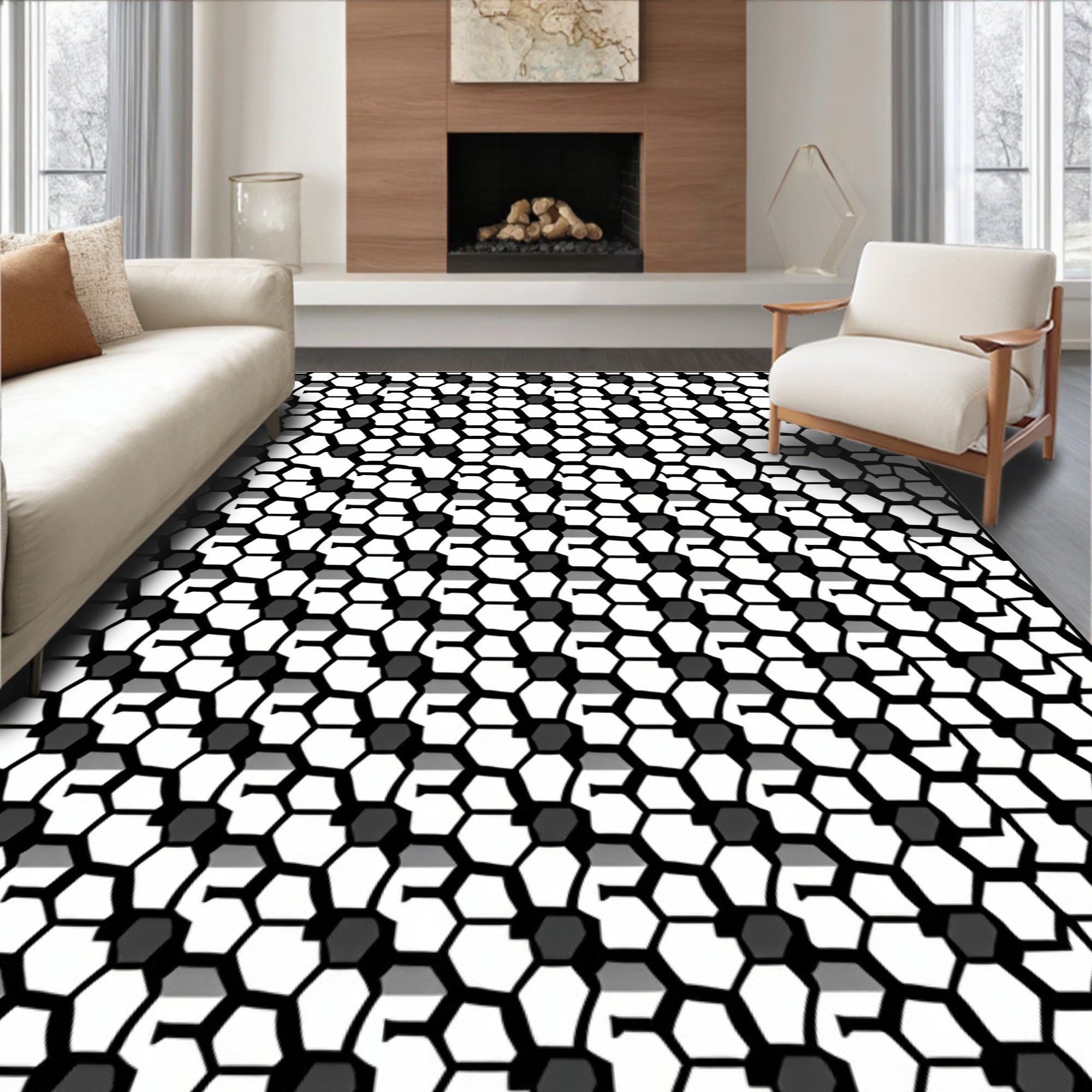 Monochrome Geometric Hexagon Art Rug