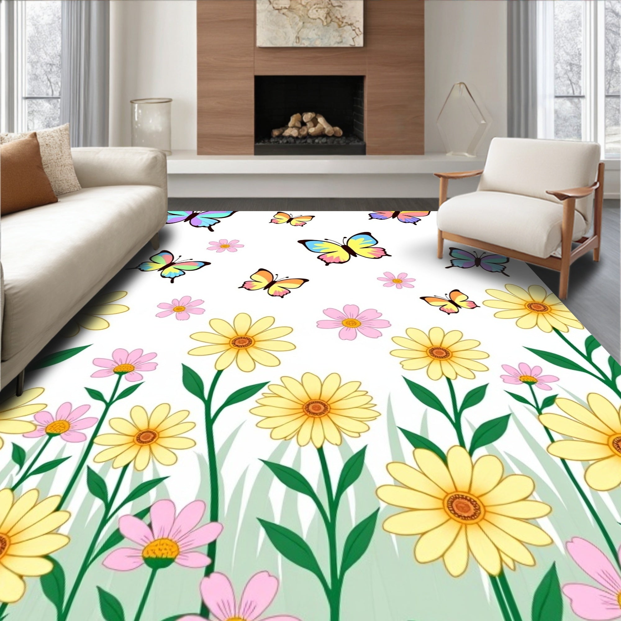 Spring Butterfly Garden Whimsical Pattern Rug
