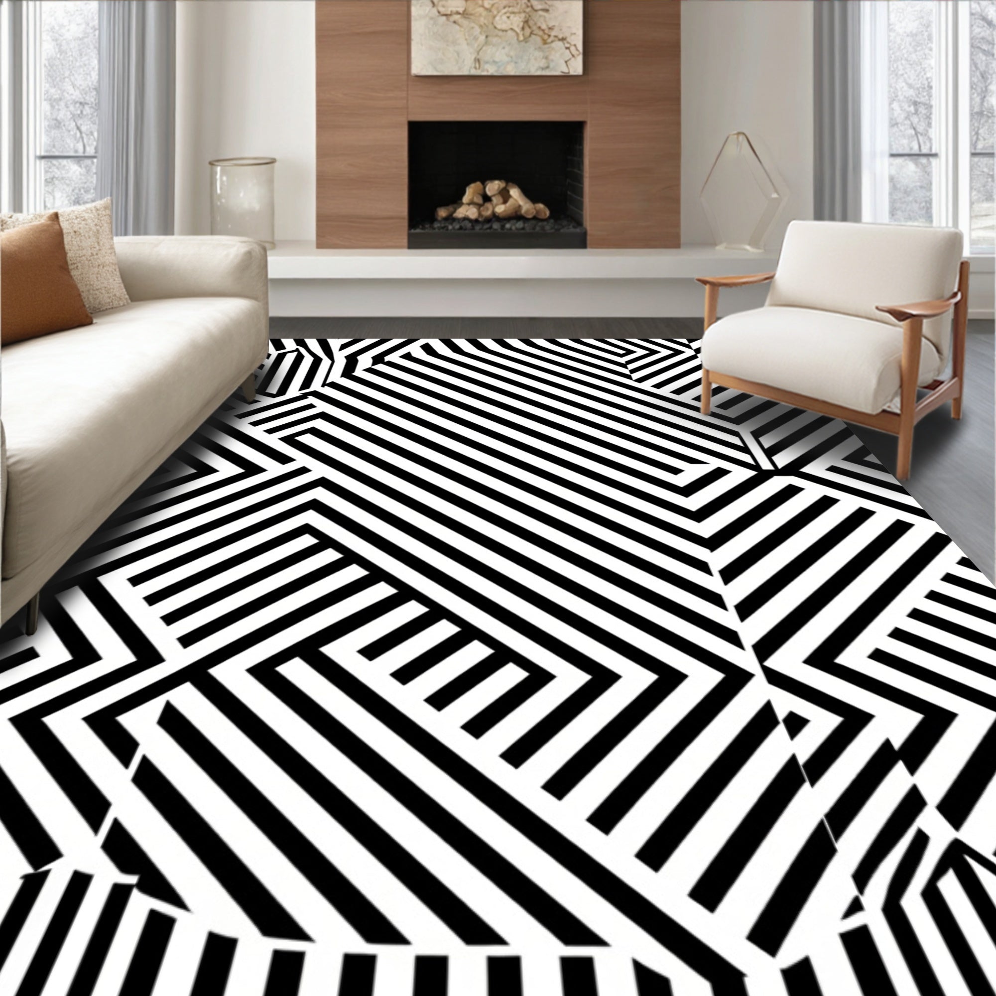 Bold Black White Geometric Illusion Rug