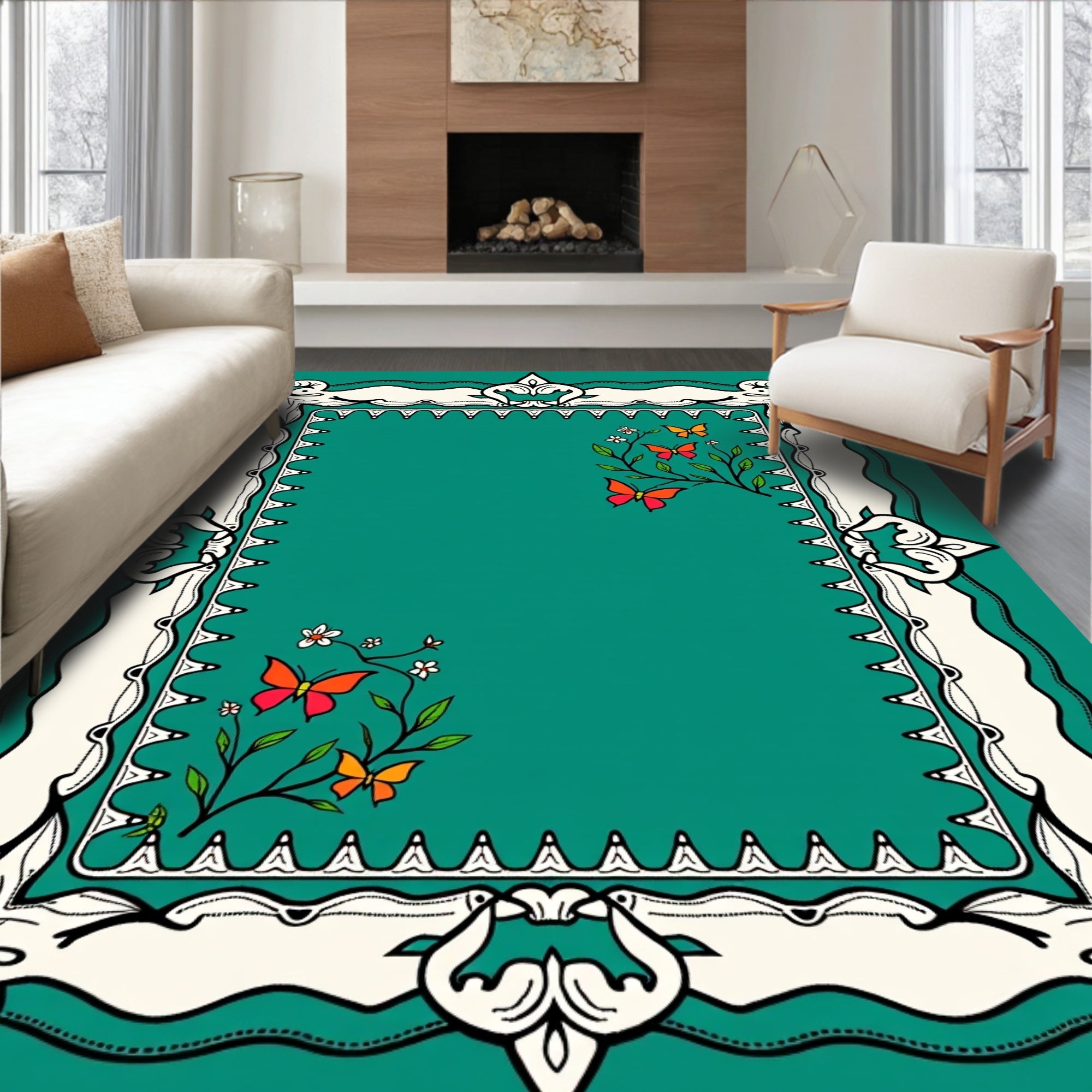 Whimsical Orange Butterfly Floral Teal Rug