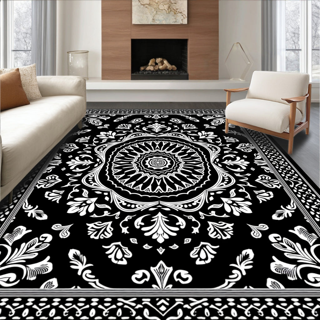 Black and White Mandalas and Floral Rug