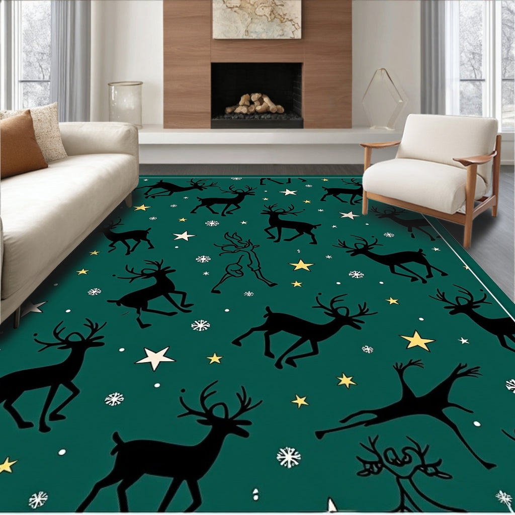 Emerald Green Reindeer Stars Snowflakes Rug