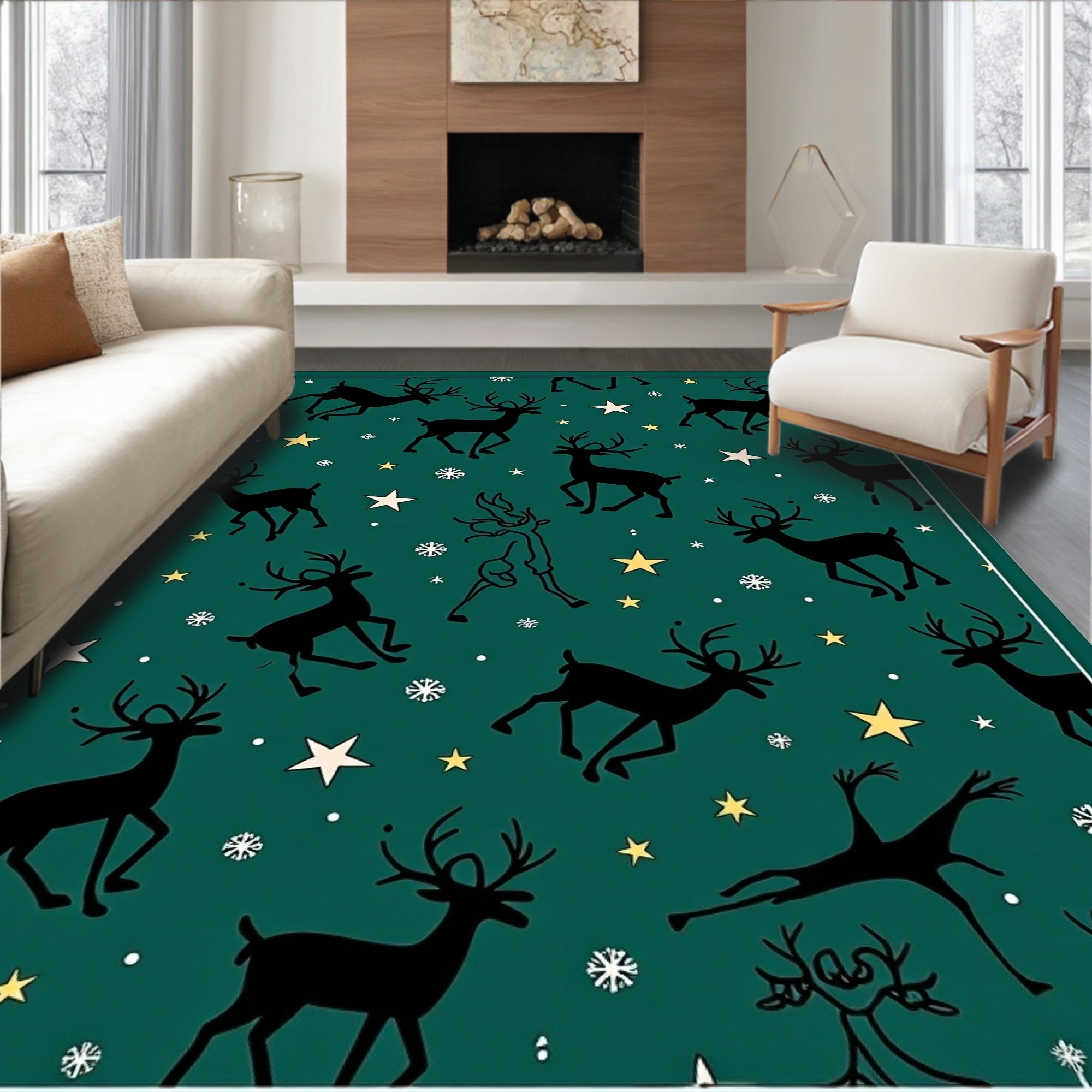 Emerald Green Reindeer Stars Snowflakes Rug