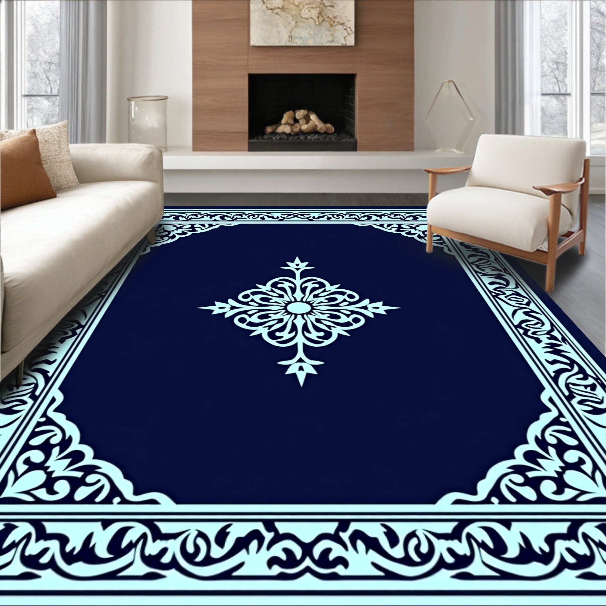 Intricate Floral Border Medallion Design Rug