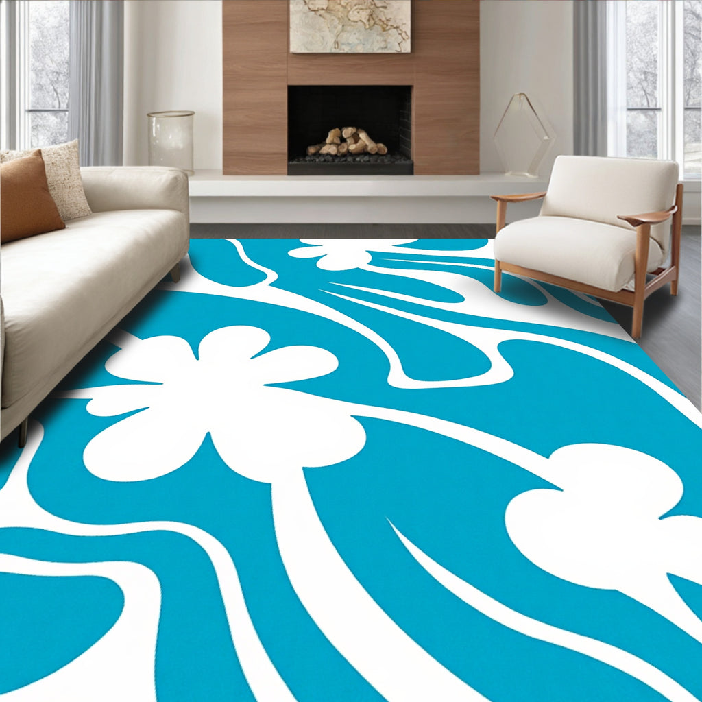 Retro Aqua Floral Swirl Rug