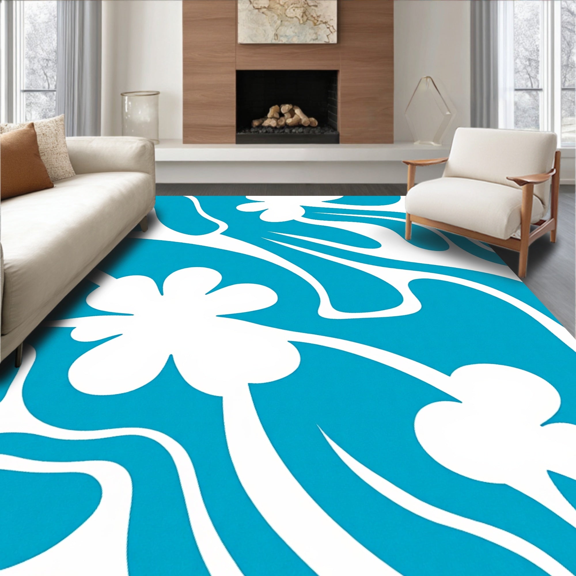 Retro Aqua Floral Swirl Rug