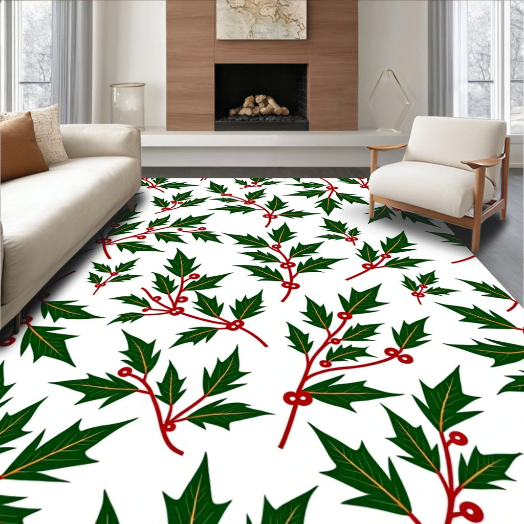 Red Berry Green Leaf Holly Vines Rug