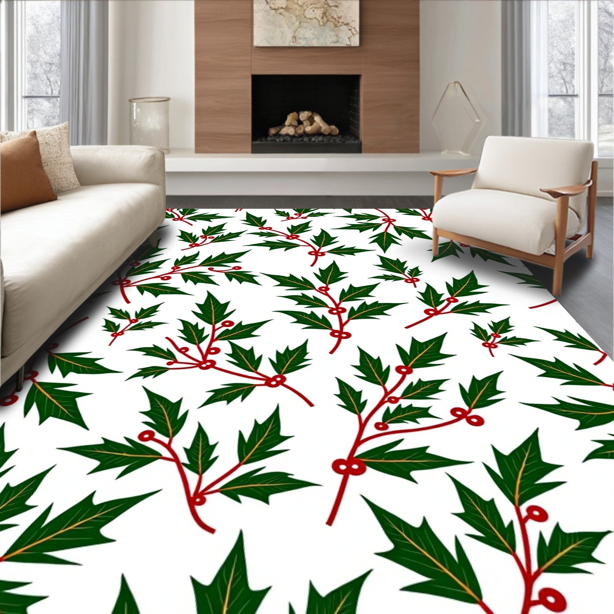 Red Berry Green Leaf Holly Vines Rug