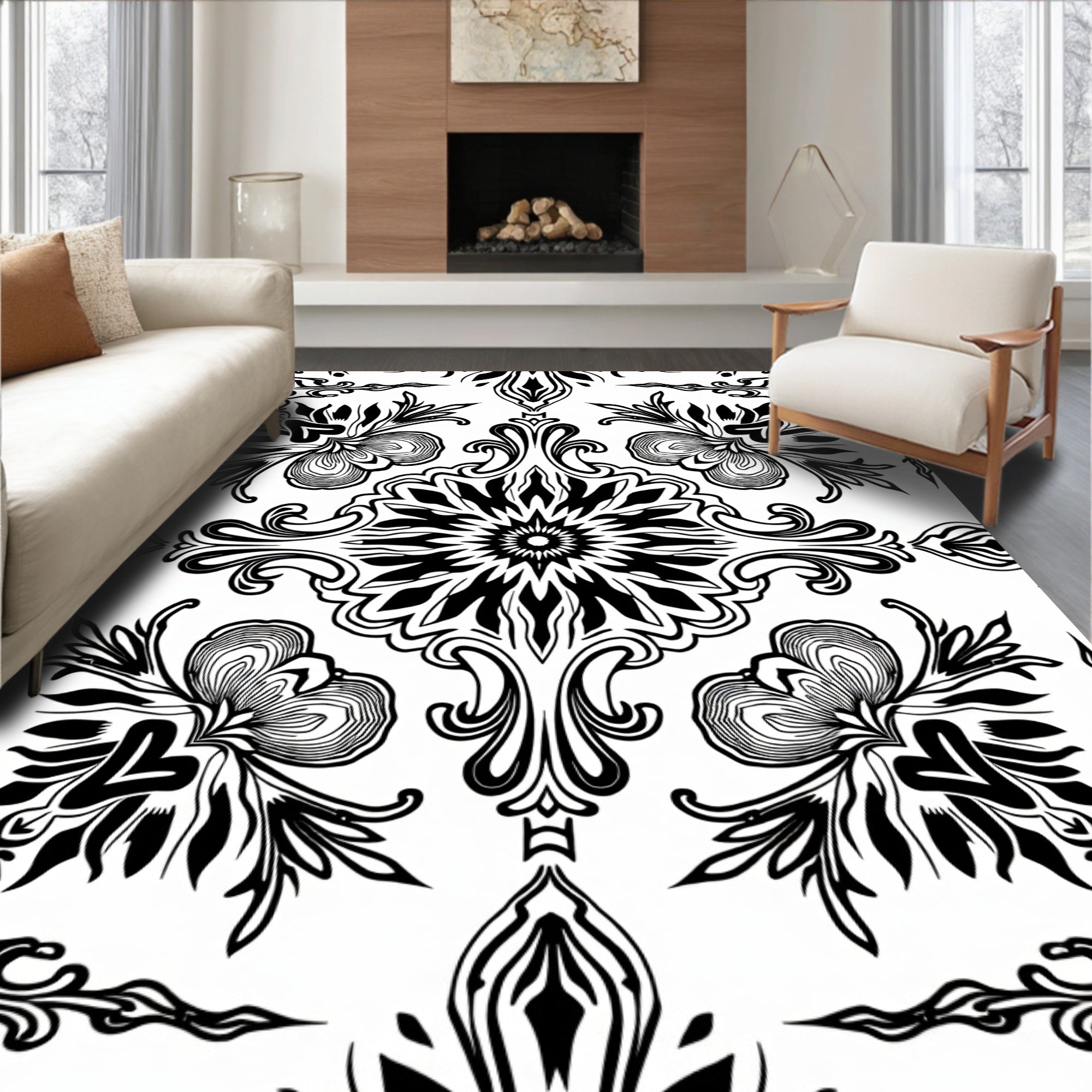 Bold Black White Stylized Floral Pattern Rug