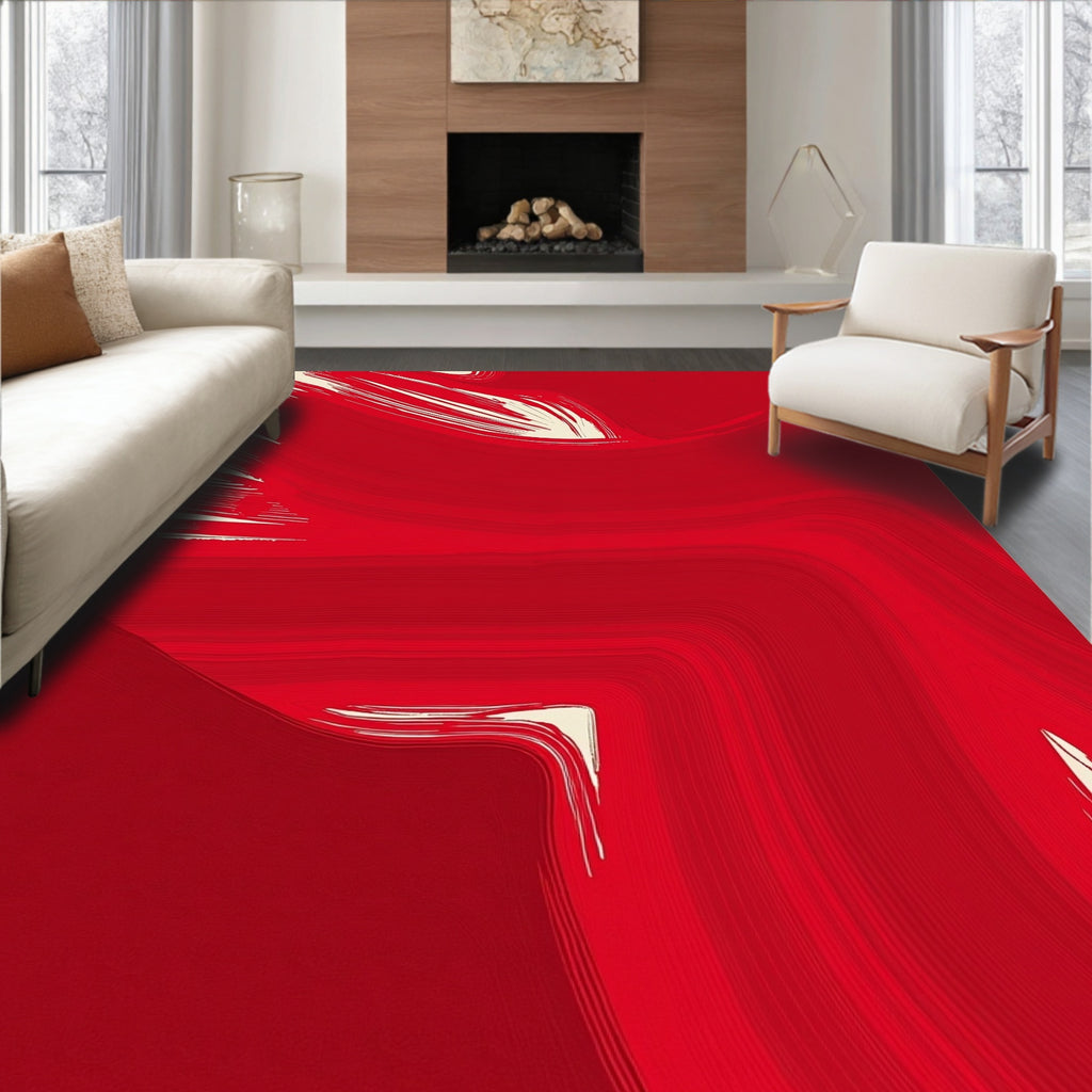 Bold Red Brushstroke Abstract Design Rug