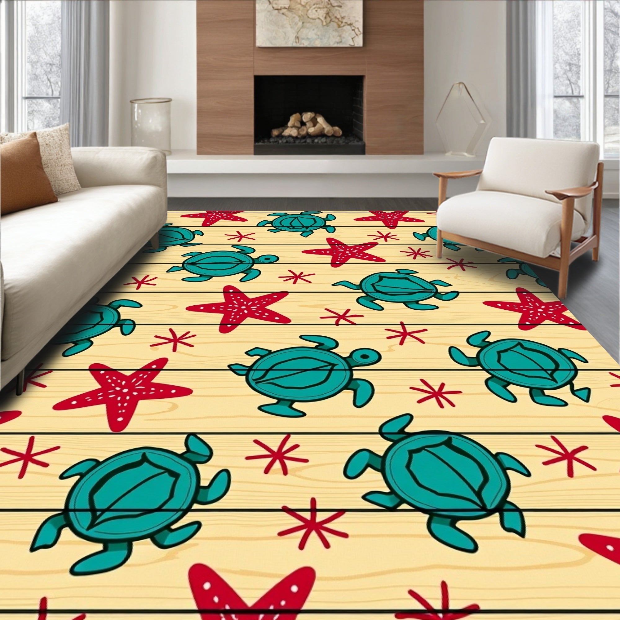 Teal Turtle Starfish Pattern Rug