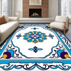 Ornate Floral Medallion Blue Tan Rug