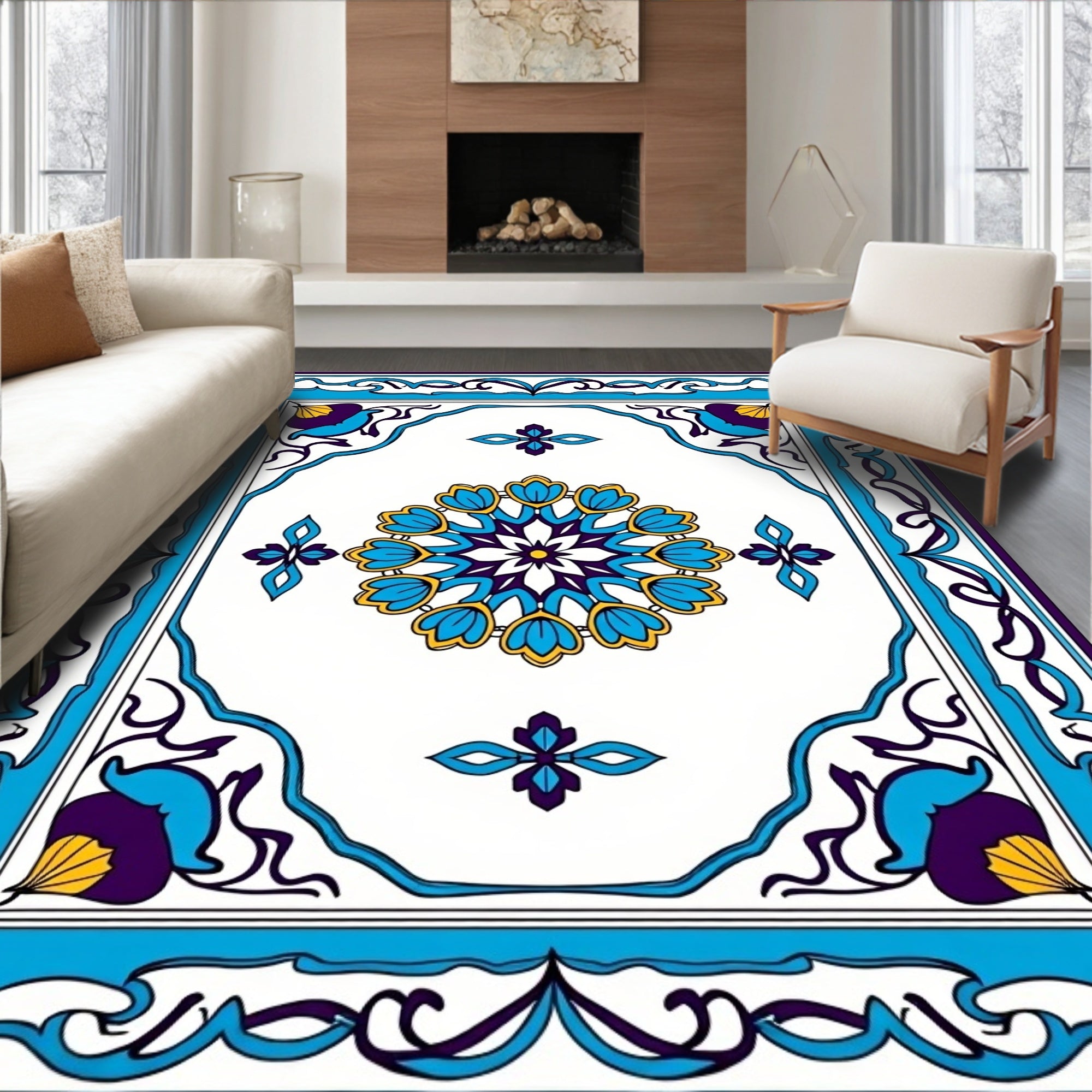 Ornate Floral Medallion Blue Tan Rug