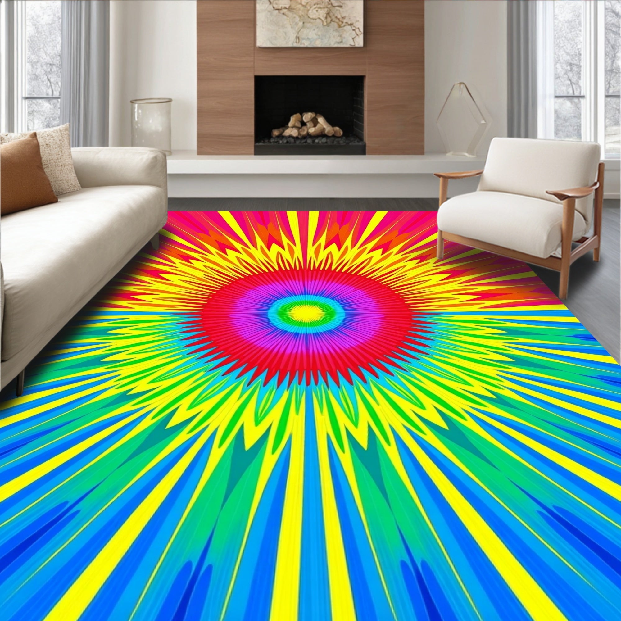 Vibrant Rainbow Sunburst Pattern Rug