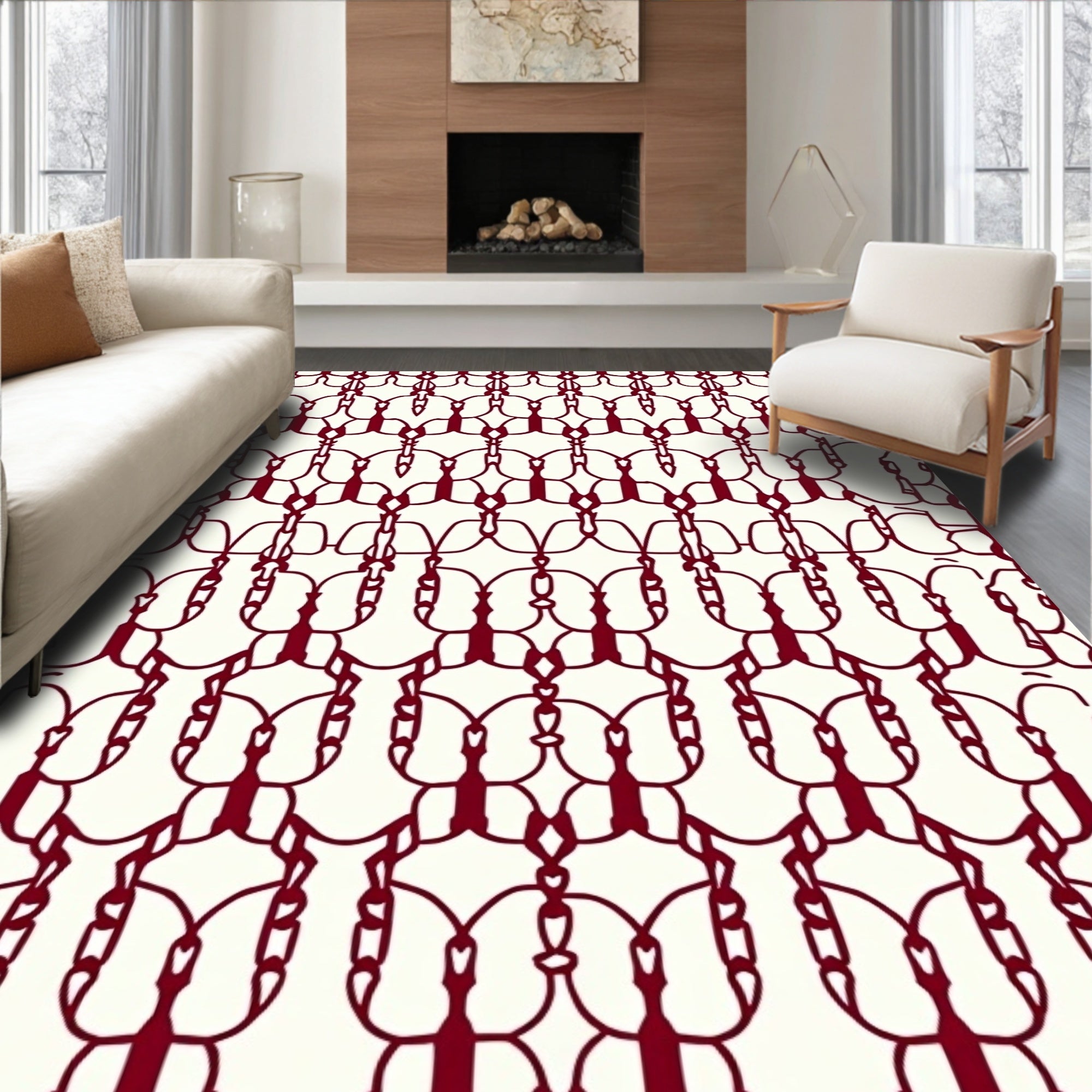Maroon Abstract Linked Oval Pattern Rug
