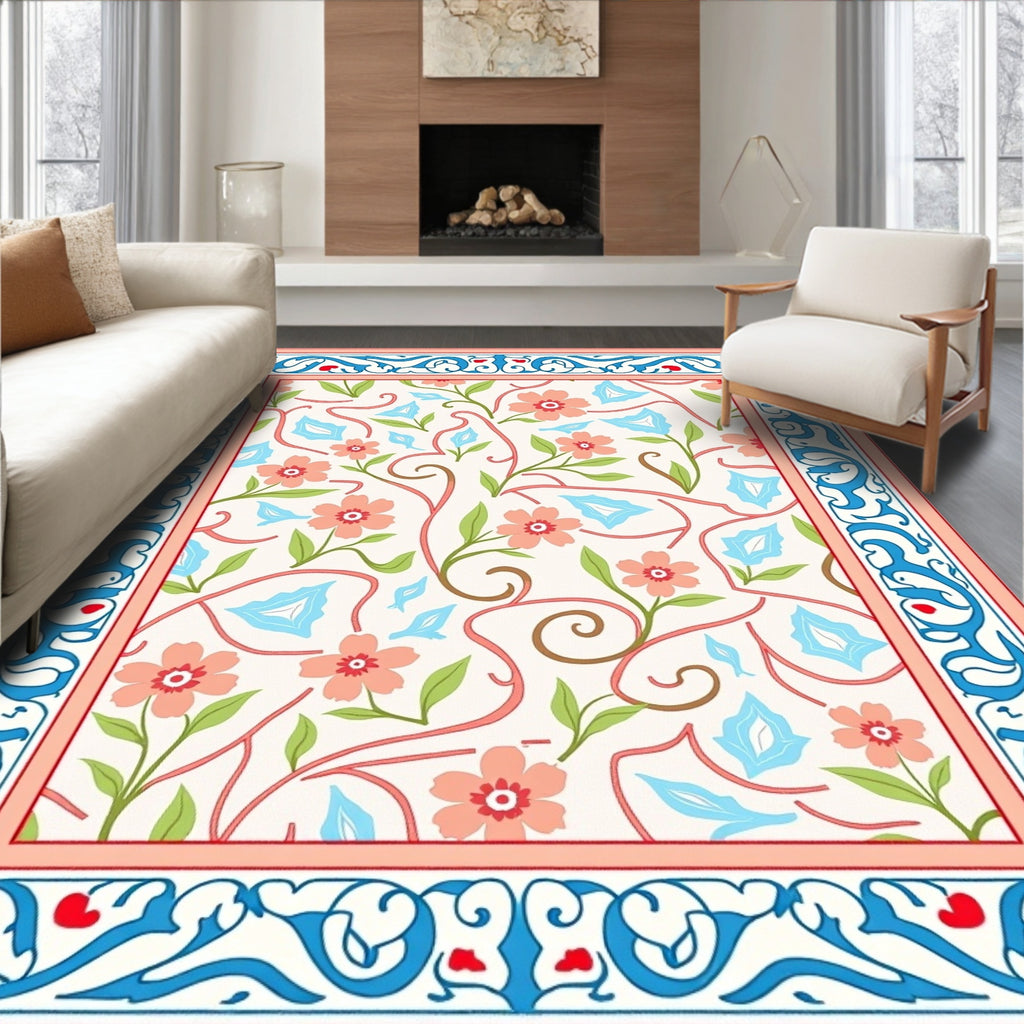 Coral Floral Vine With Blue Accents Rug
