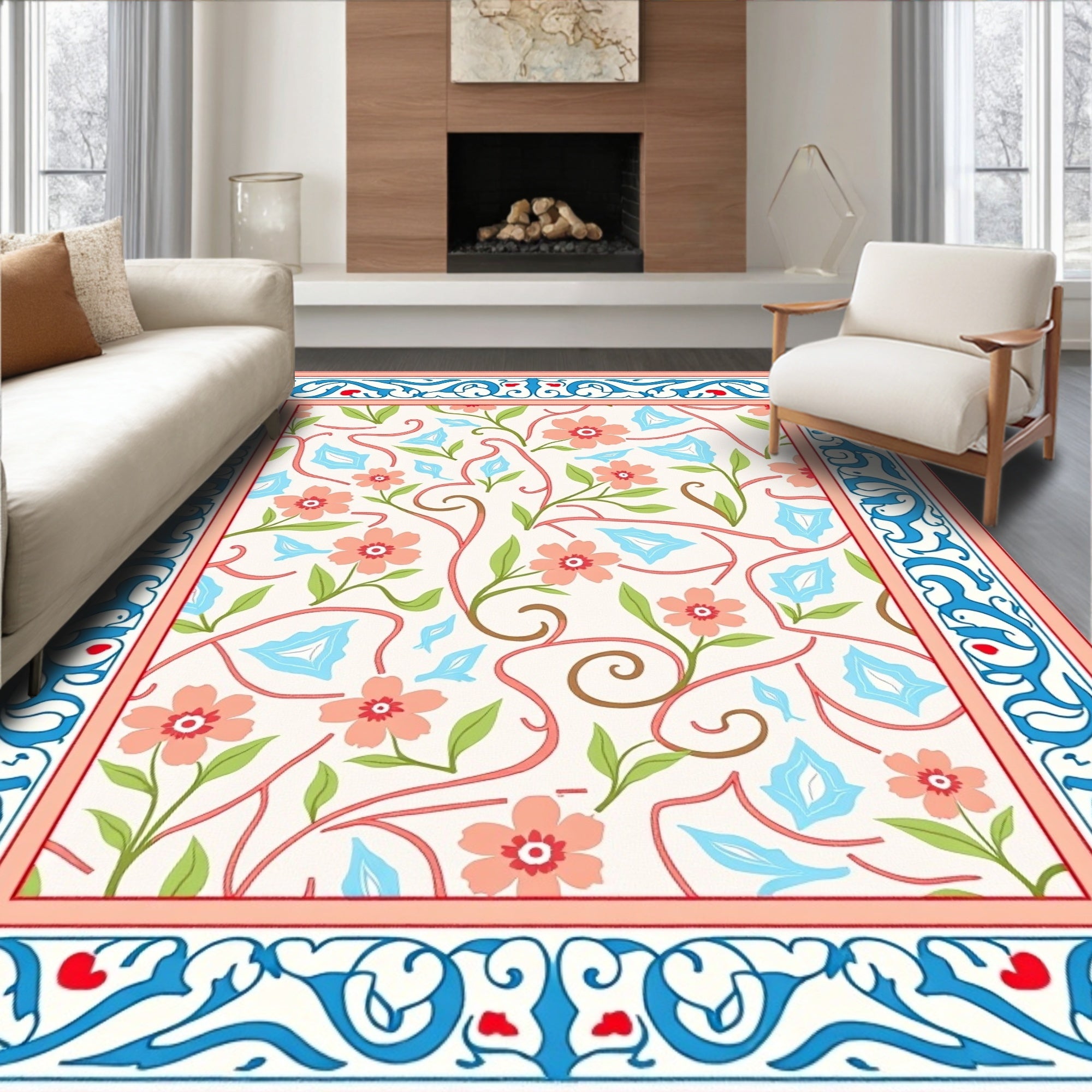 Coral Floral Vine With Blue Accents Rug