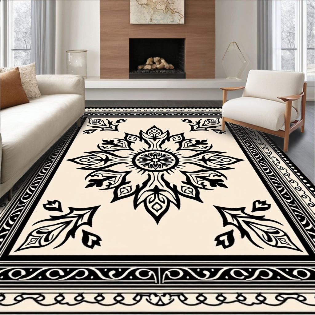 Ornamental Black White Floral Motif Rug