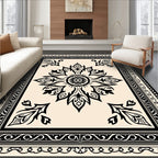 Ornamental Black White Floral Motif Rug