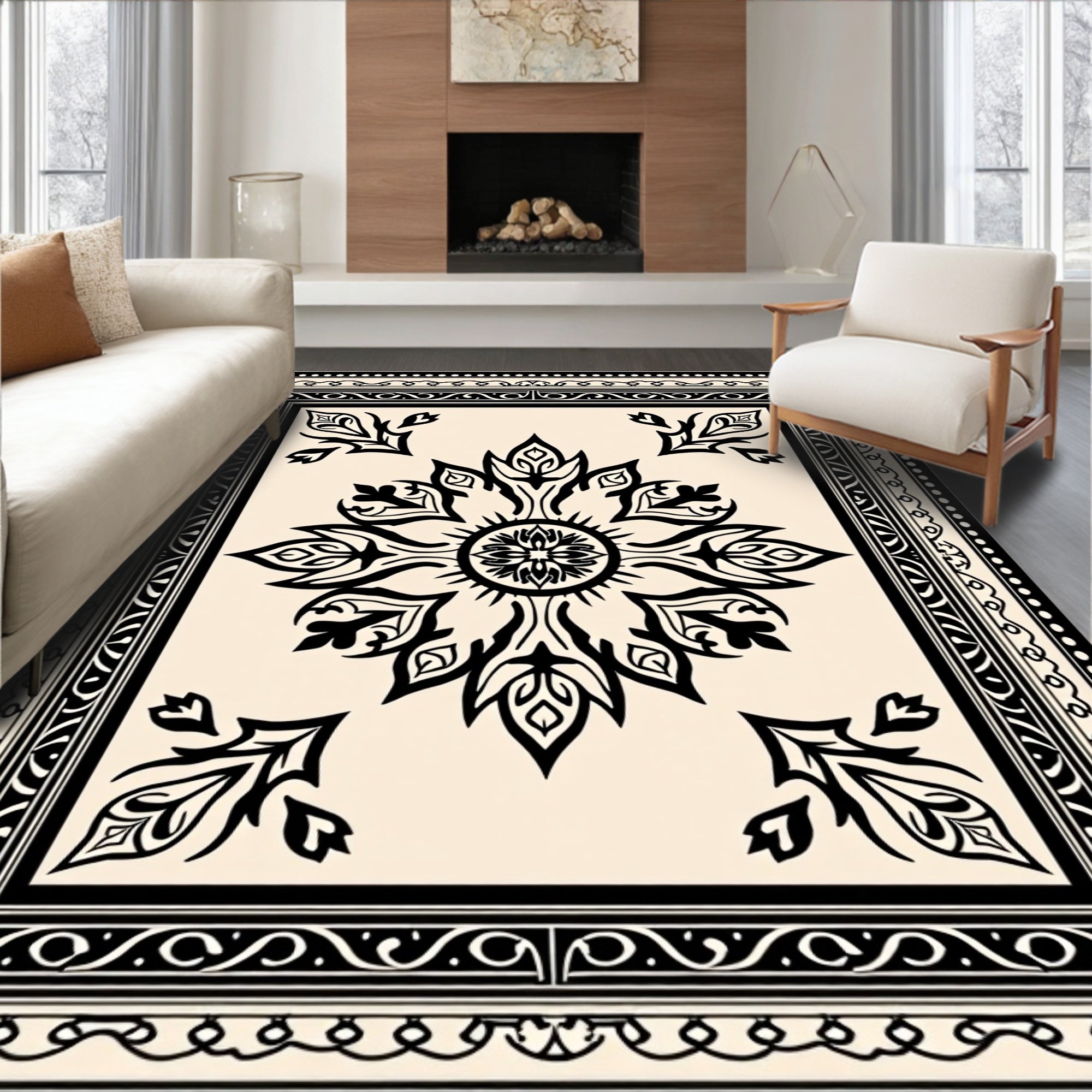 Ornamental Black White Floral Motif Rug
