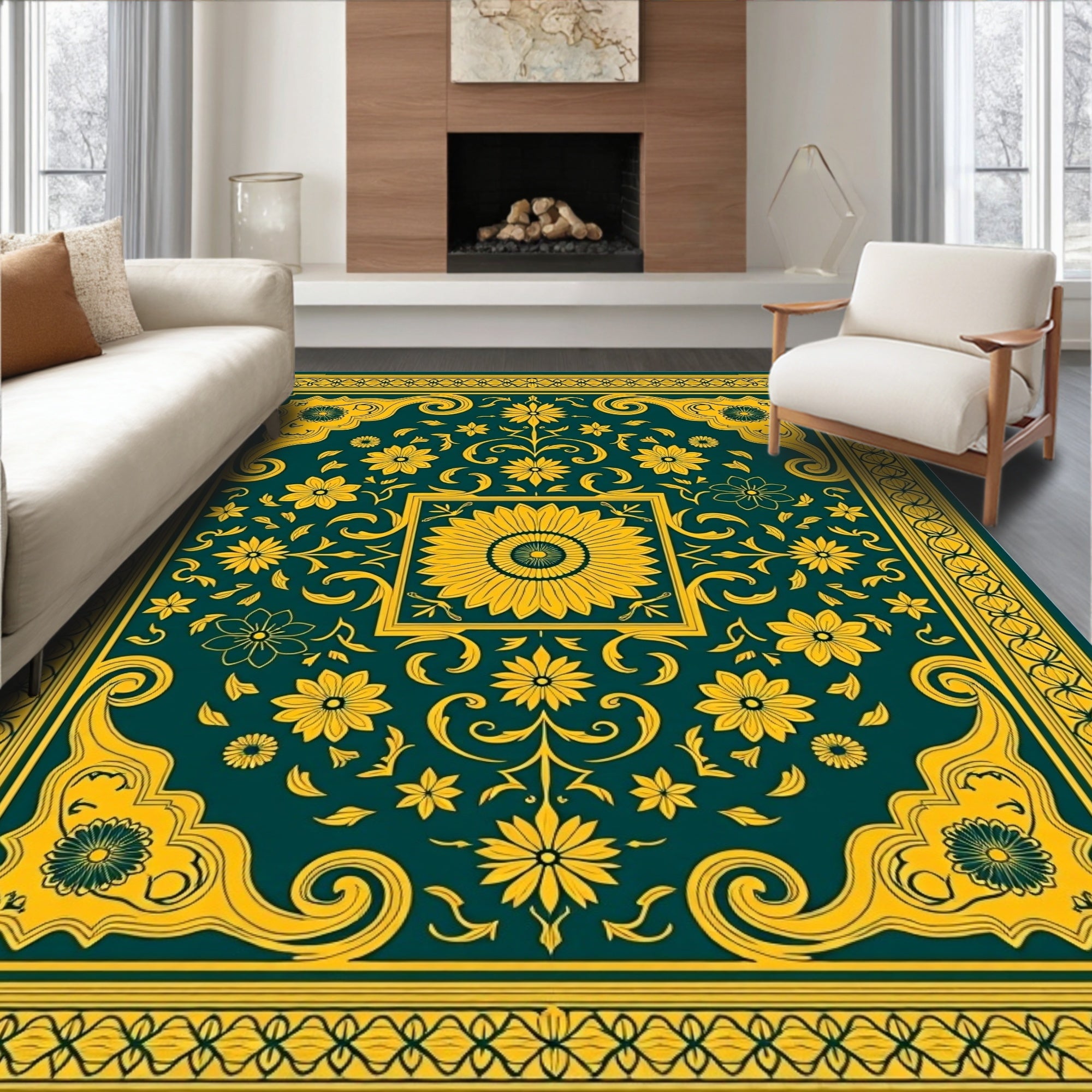 Intricate Floral Patterned Teal Rug