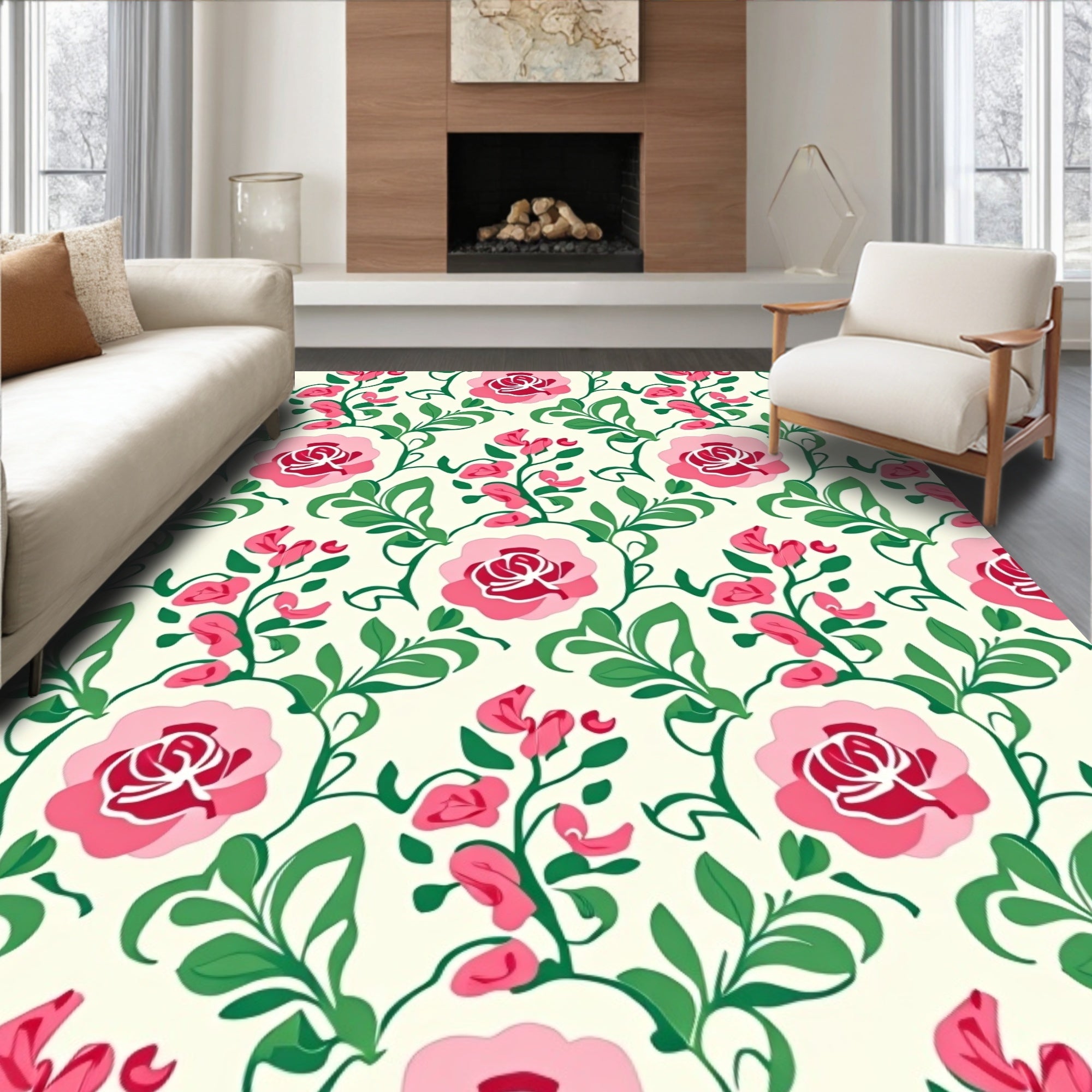 Vibrant Pink Rose Vine Design Rug