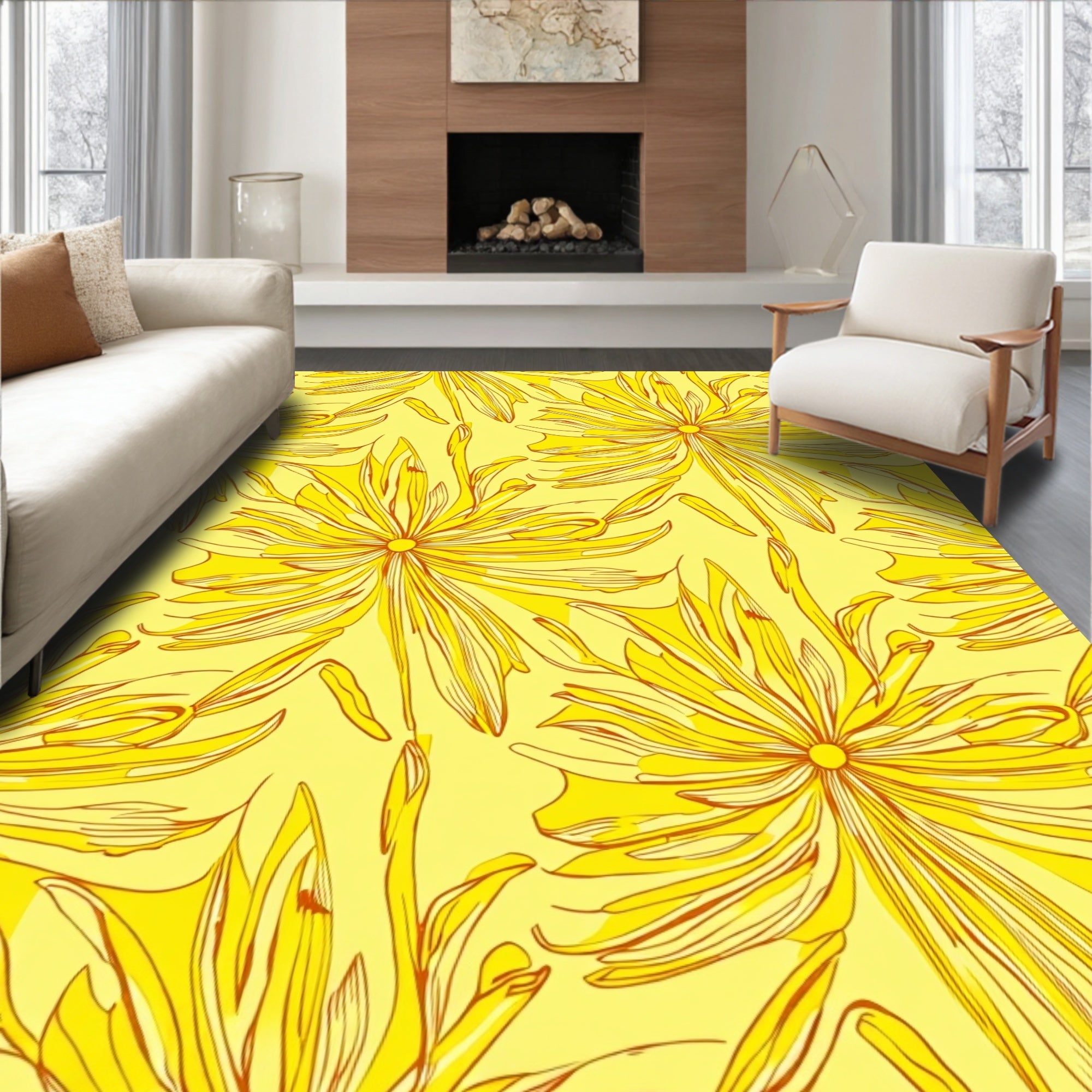Bright Yellow floral Outline Design Rug