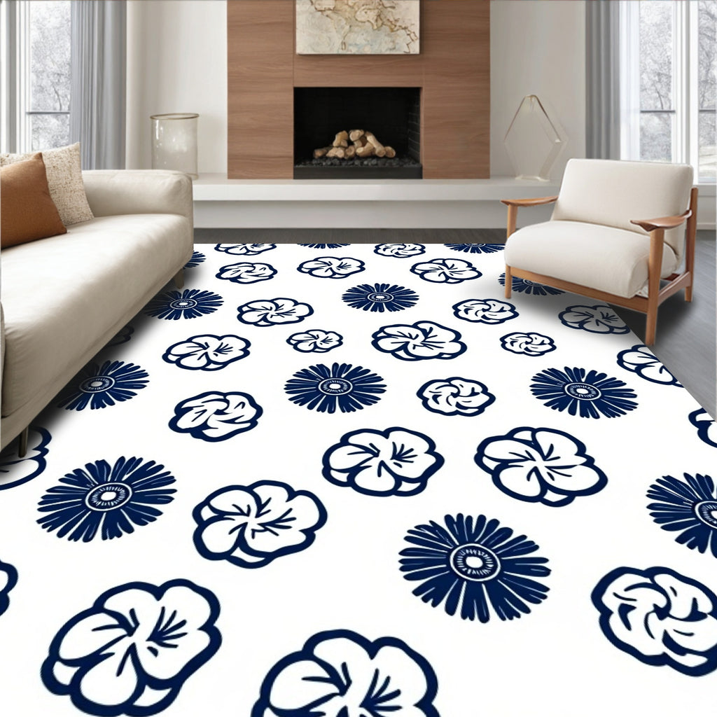 Classic Navy Floral Pattern Rug