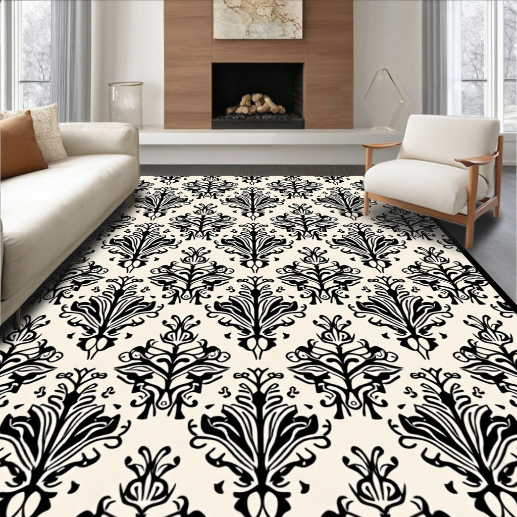 Black Cream Classic Floral Pattern Rug