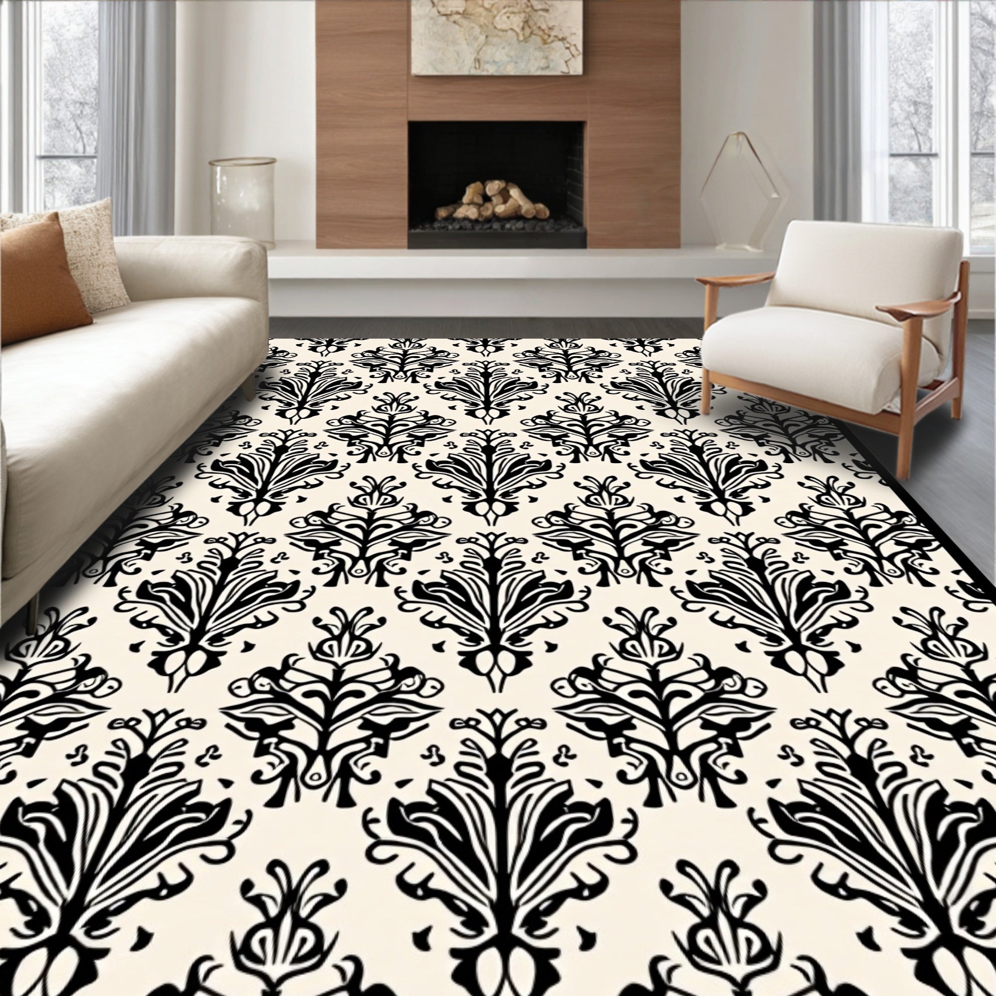 Black Cream Classic Floral Pattern Rug