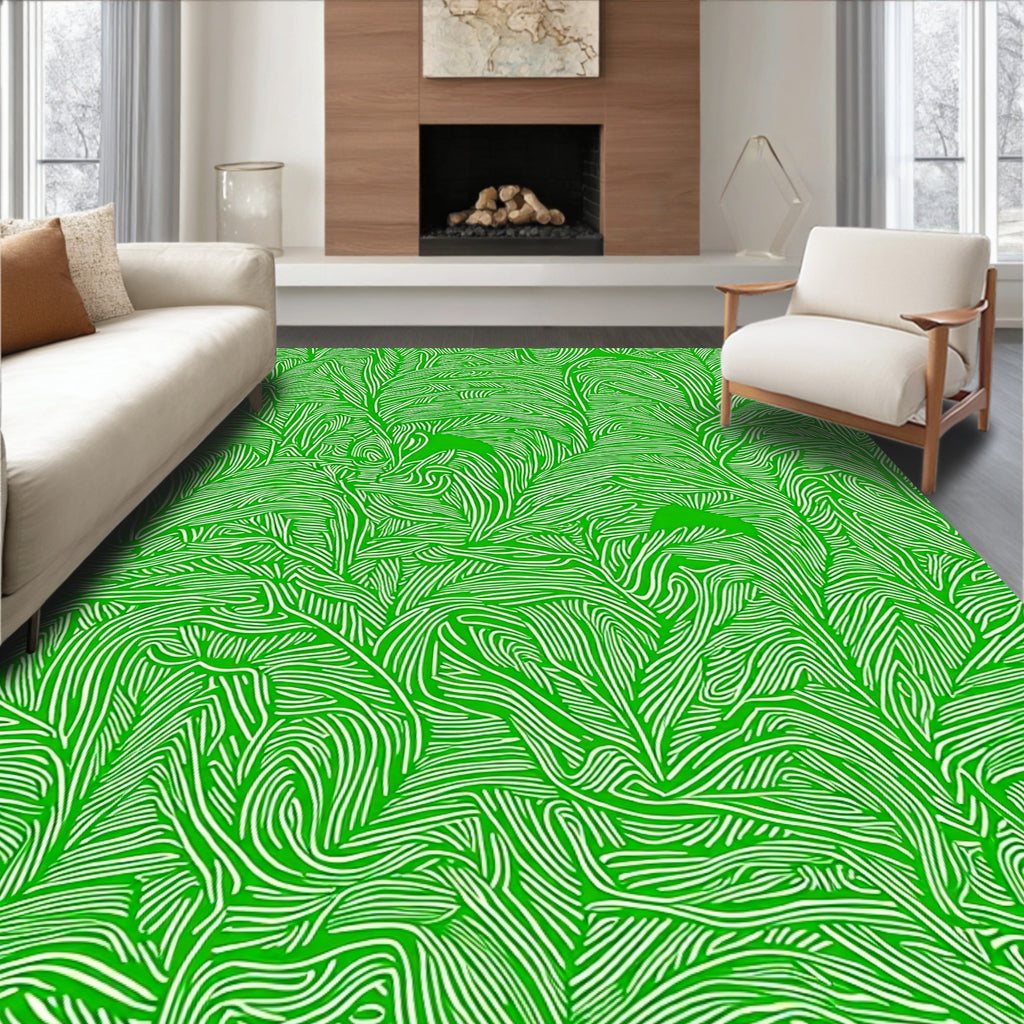 Lush Green Wavy Leaf Pattern Rug