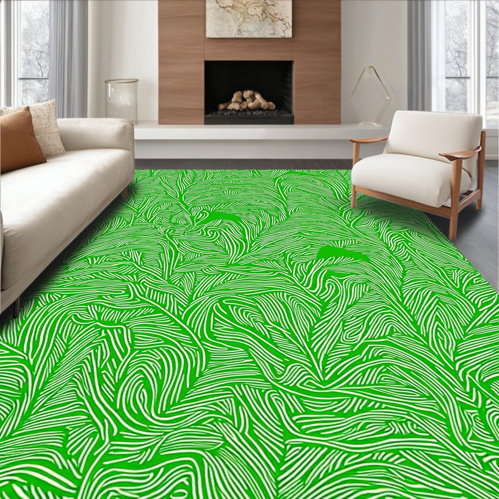 Lush Green Wavy Leaf Pattern Rug