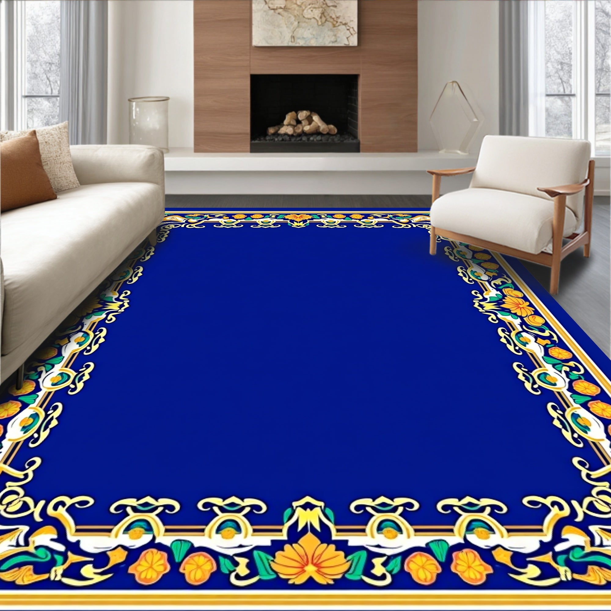 Ornate Blue Floral Border Design Rug