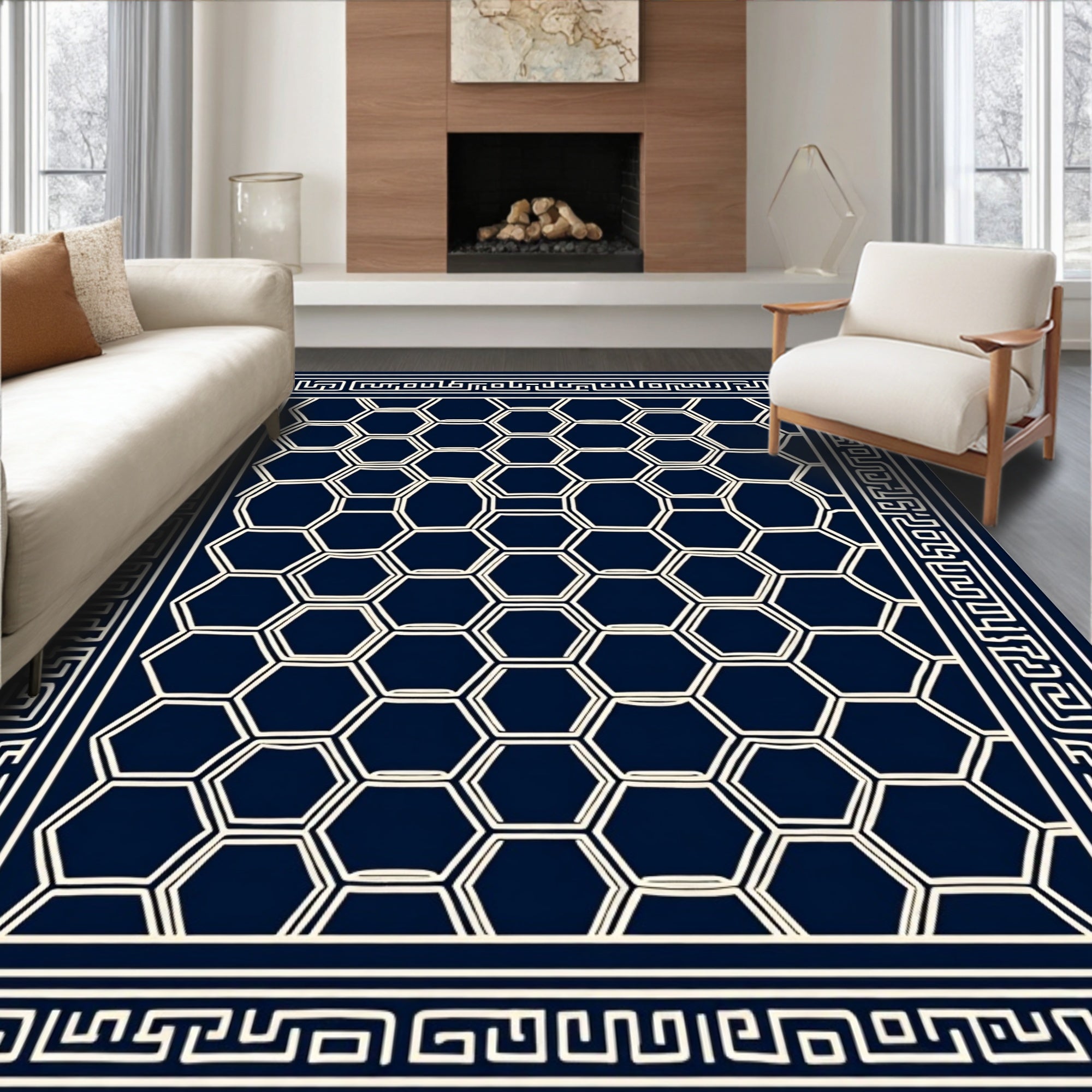 Classic Hexagon Pattern With Greek Key Border Rug