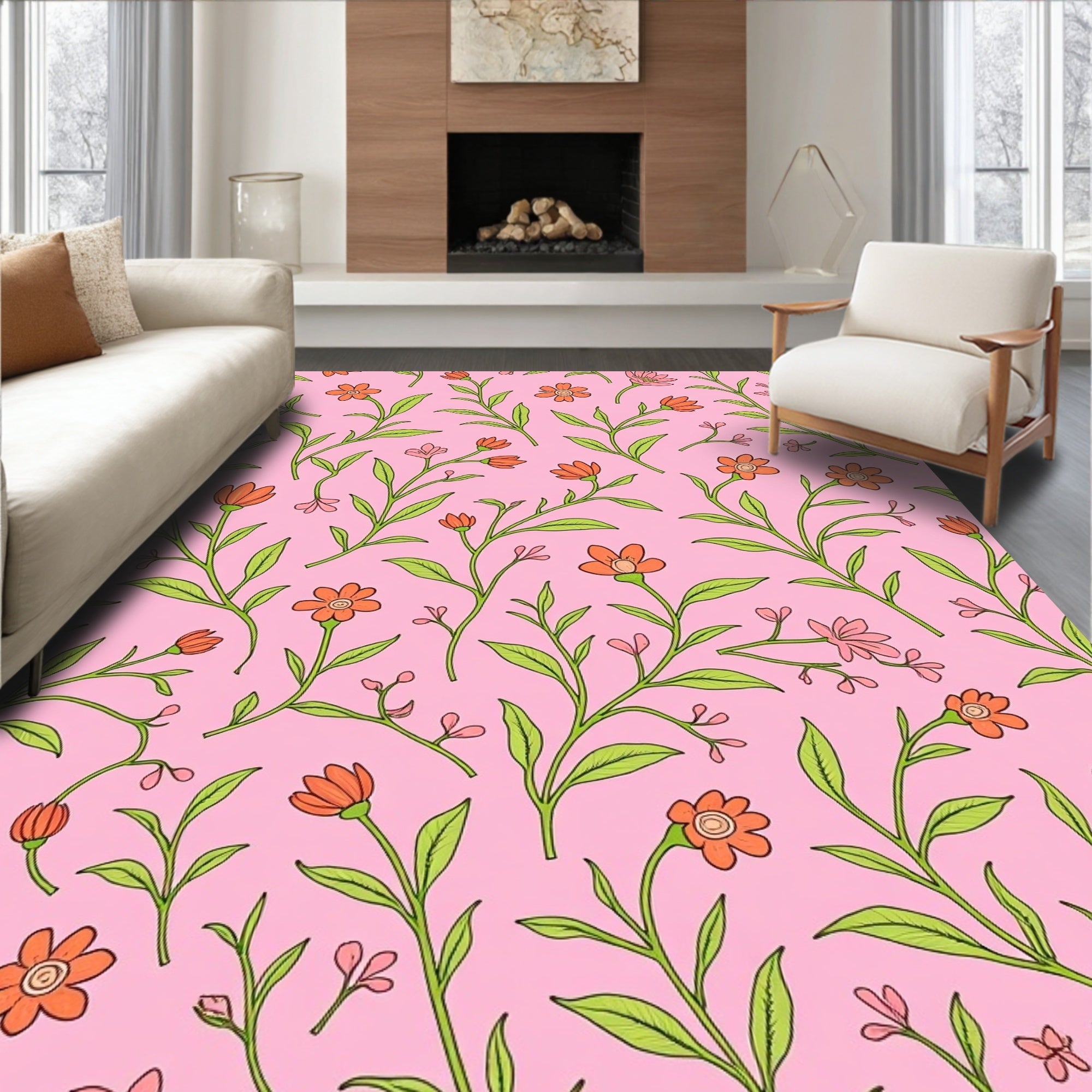 Pink Orange Floral Vine Pattern Rug