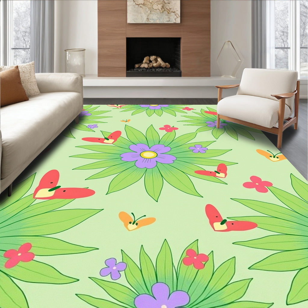 Whimsical Coral Butterflies Greenery Garden Rug