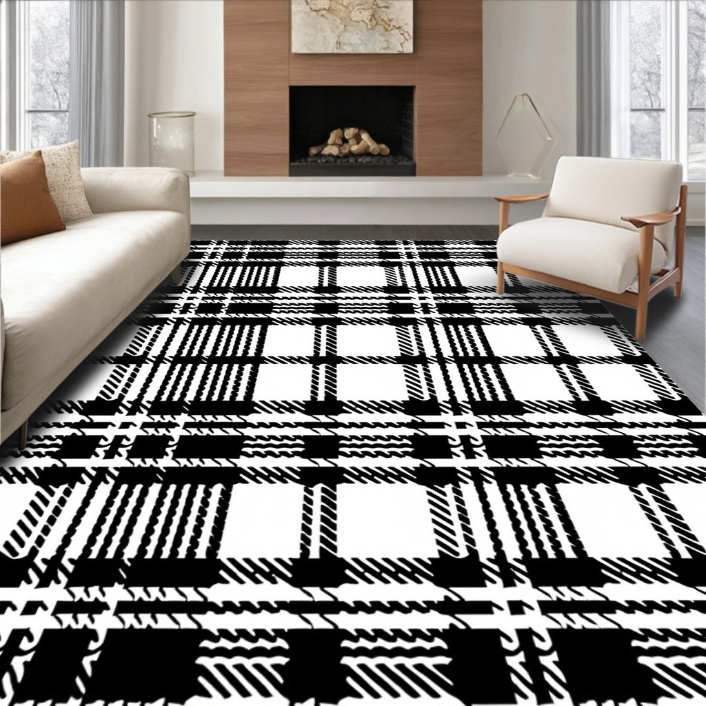 Classic Black White Plaid Pattern Design Rug
