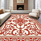 Red Floral Scrollwork Damask Pattern Rug